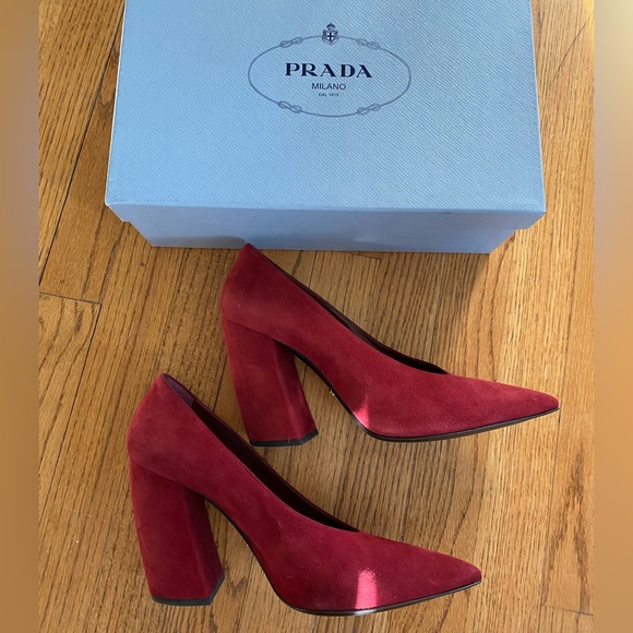 Prada • New Red Suede Block Heels - Picture 1 of 3